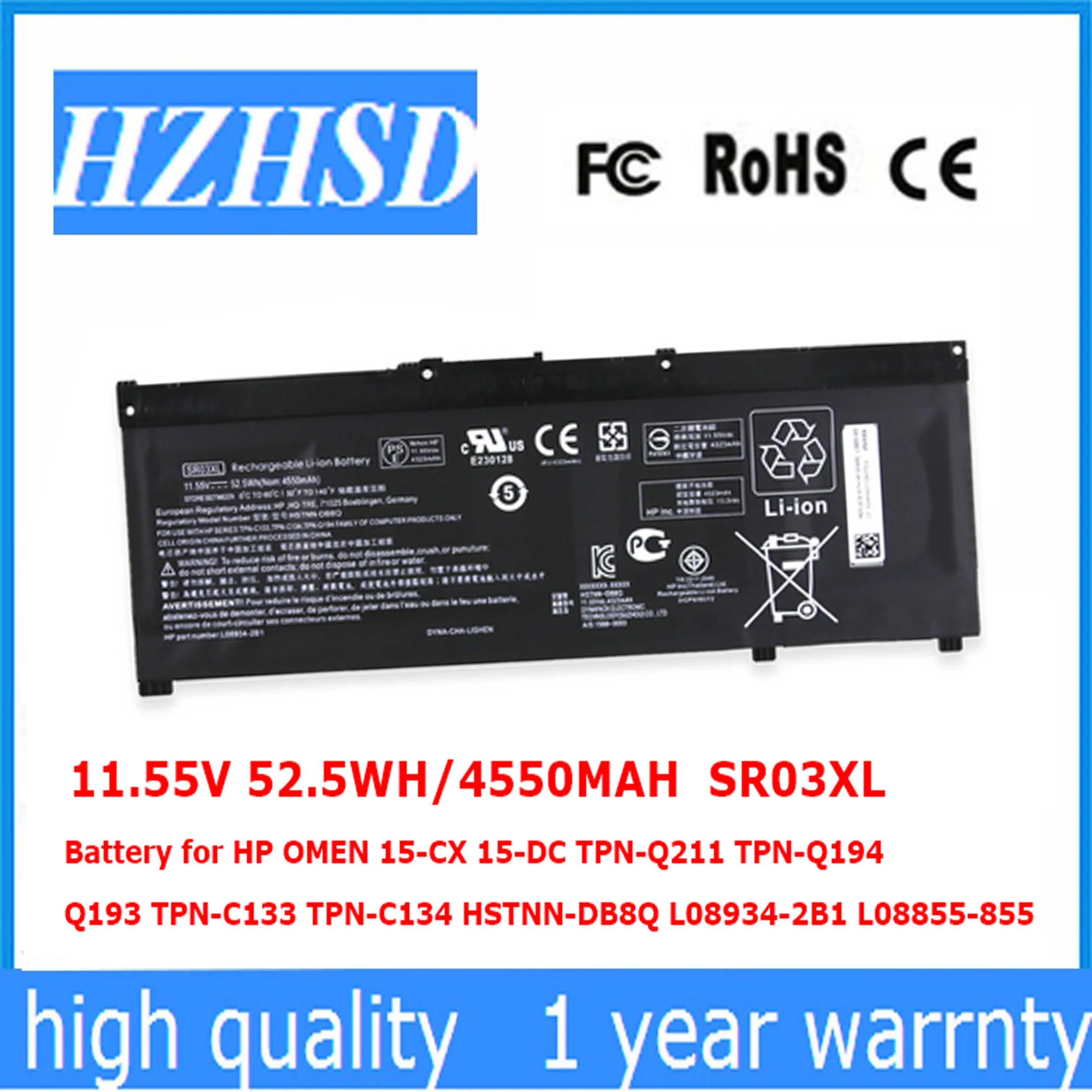 Bateria para hp 15-cx Sr03xl 52.5wh 15-dc Tpn-q211 Tpn-q194 Q193 Tpn-c133 Tpn-c134 Hstnn-db8q L089342b1 L08855855 11.55v
