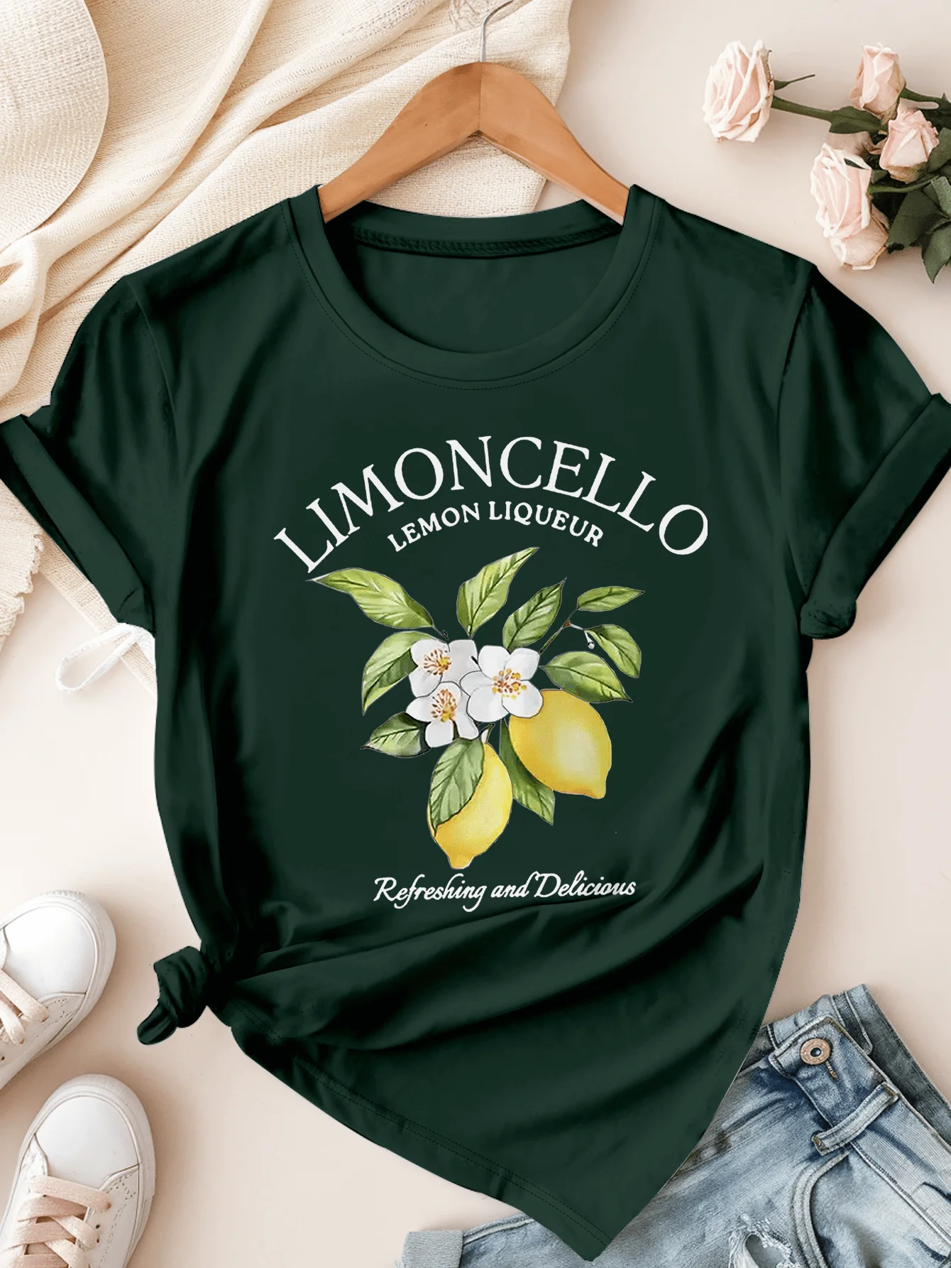 

Топы больших размеров, женская одежда, летние наряды с круглым вырезом, Limoncello, лимон, ликер, освежающий принт, зеленая футболка с короткими рукавами