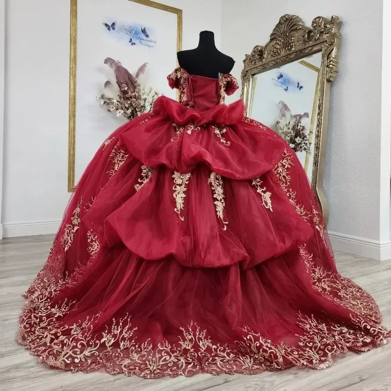 Prinses rood vestidos de 15 quinceañera glitter goud applicaties kant baljurk tule verjaardag vestido de princesas aangepast