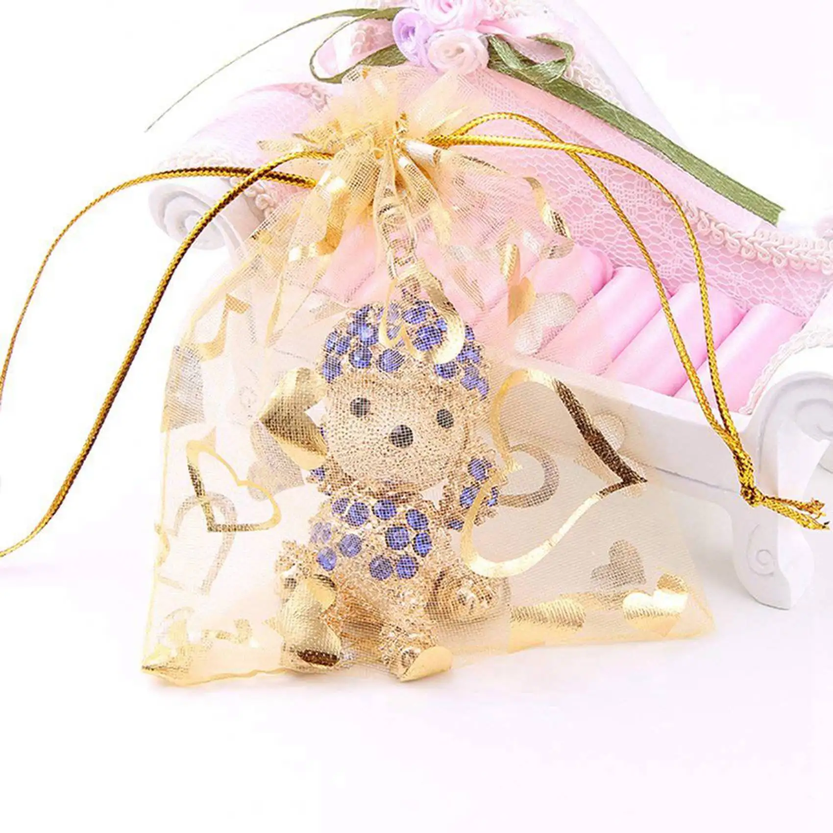 200Pcs 9X12cm Sheer Drawstring Heart Organza Jewelry Pouches Wedding Party Christmas Favor Gift Bags (Gold)-AT64