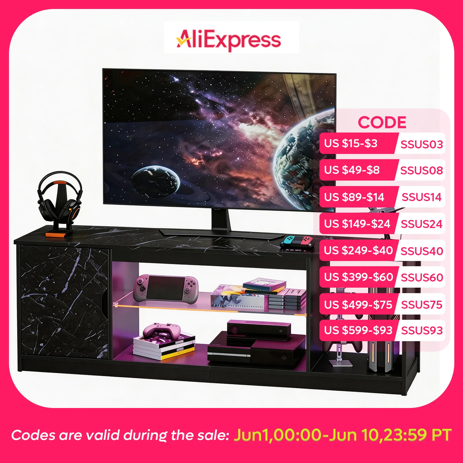 

NOST&HOST LED TV Stand for 55/60/65 Inch TV, Gaming Entertainment Center with Cabinet,Modern TV Cabinet with Adjustable Glass Shelves