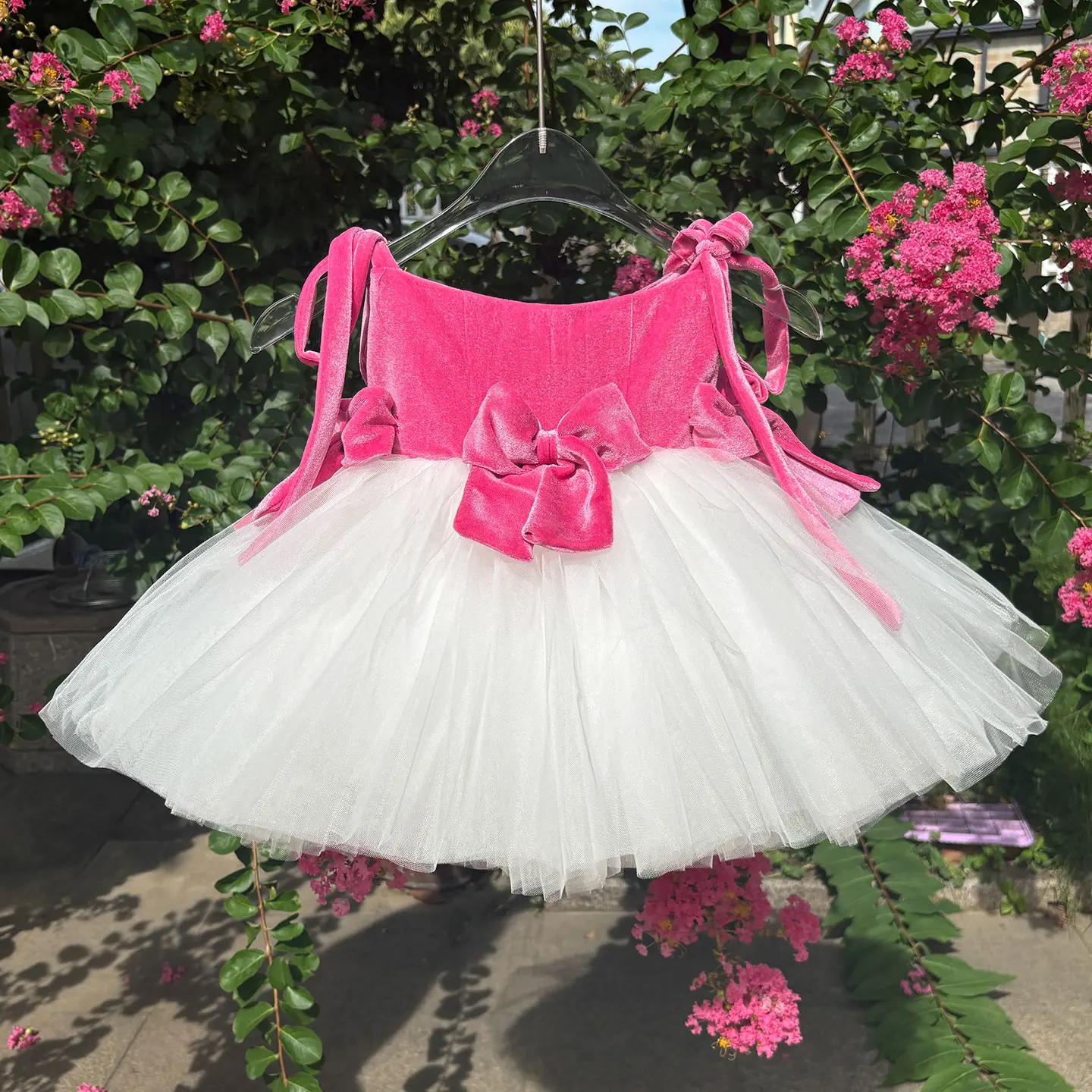 Dreamy Vow elegante rosa collo piatto senza spalline fiocco abito da ragazza di fiore festa per bambini primavera estate mini abito da sposa da ballo D117
