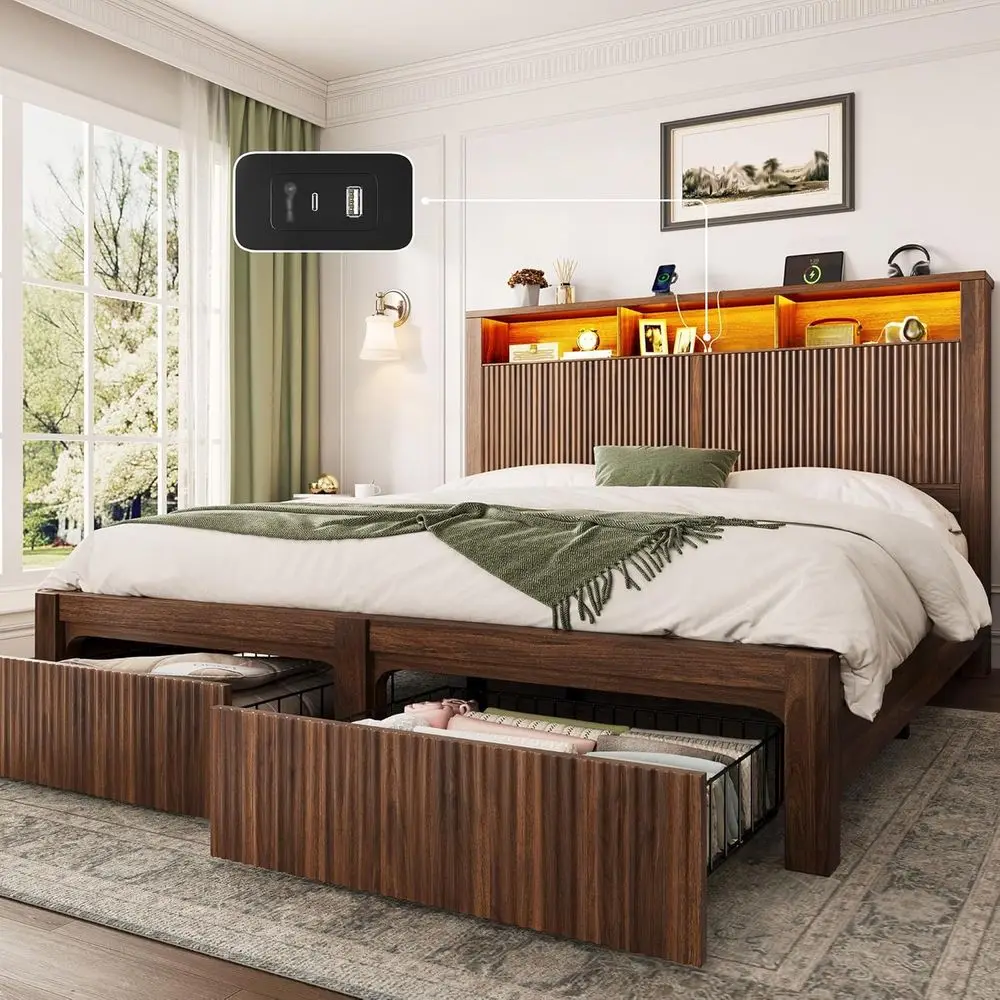 Queen Size Bed with Storage Drawers, LED Light, Charging Port, Wavy Wood Design, Wood & Metal Platform, Noise-Free, No Box Sprin