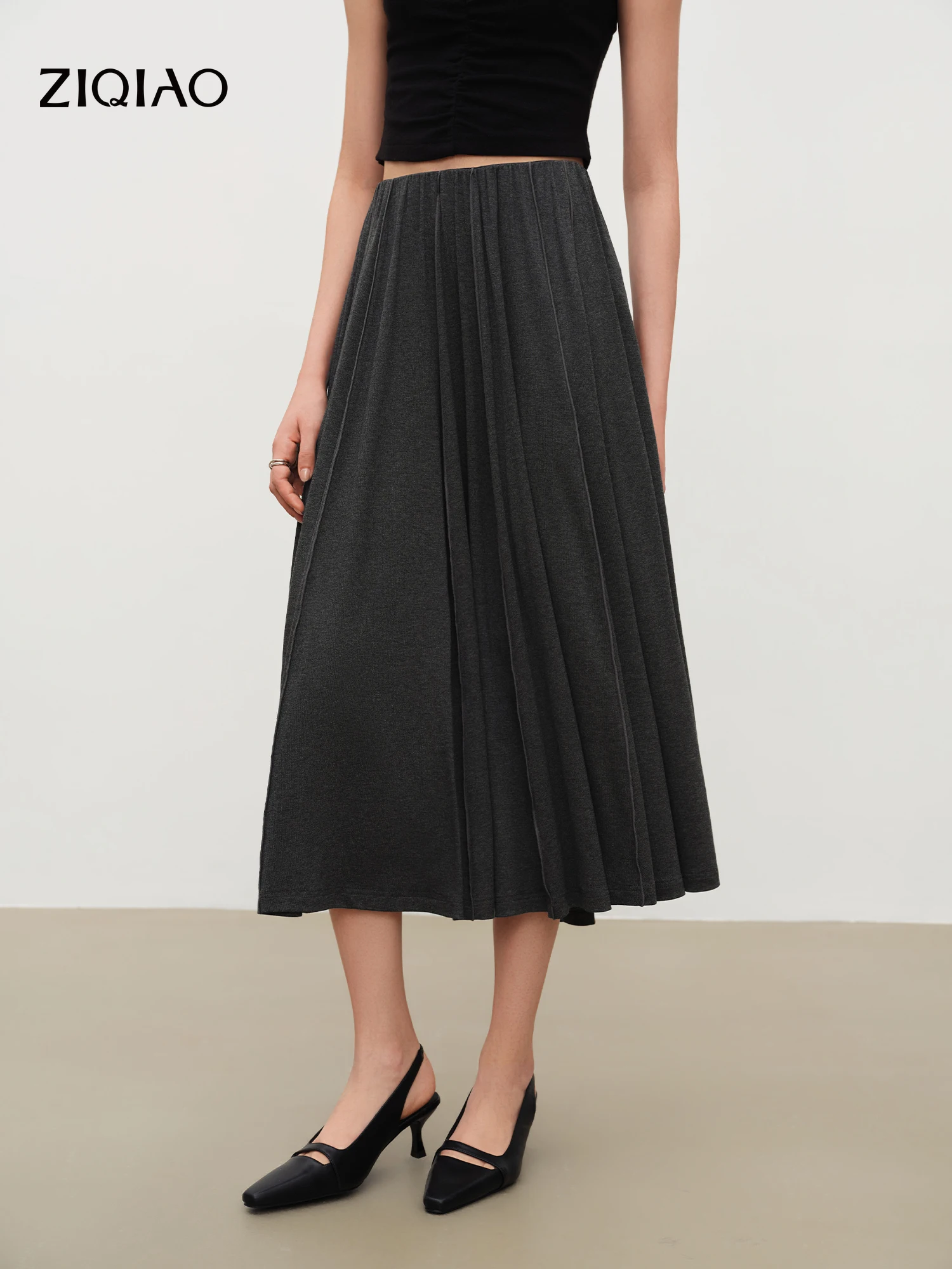 ZIQIAO 2026 Summer Women's Fluffy Misty Gray Pleated A-Line Midi Skirt, Elastic High Waist Draped Knit Skirt for Daily Style