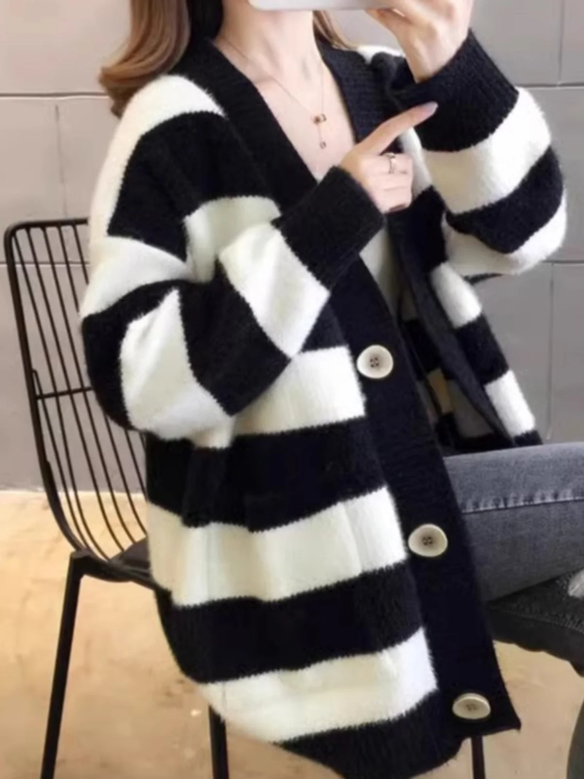 

Thiened вязаный свитер для школьников, свободный длинный кардиган в полоску, имитация норки, верхняя одежда для женщин, весна-осень