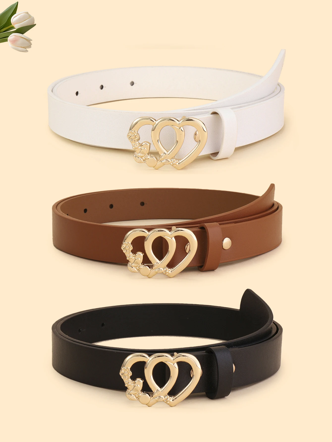 3PCS Combination Women Heart-shaped Belt High-grade PU Trousers Belt Jeans Dress Decorative Belt