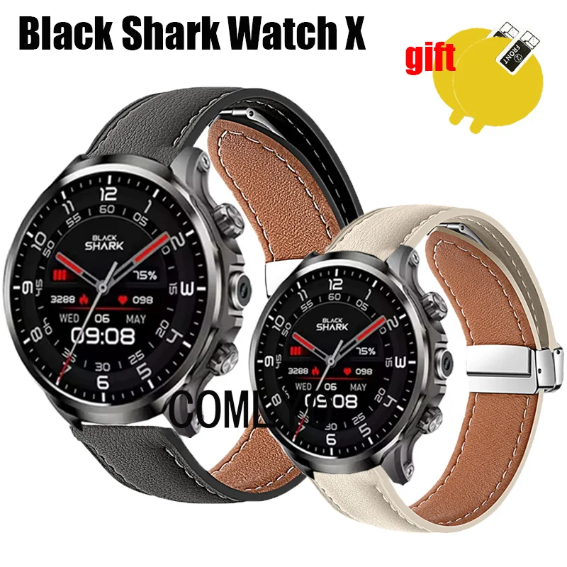 For ​Black Shark Watch X Strap Leather Genuine Folding Magnetic Buckle Soft SmartWatch Women men Band Screen Protector Film