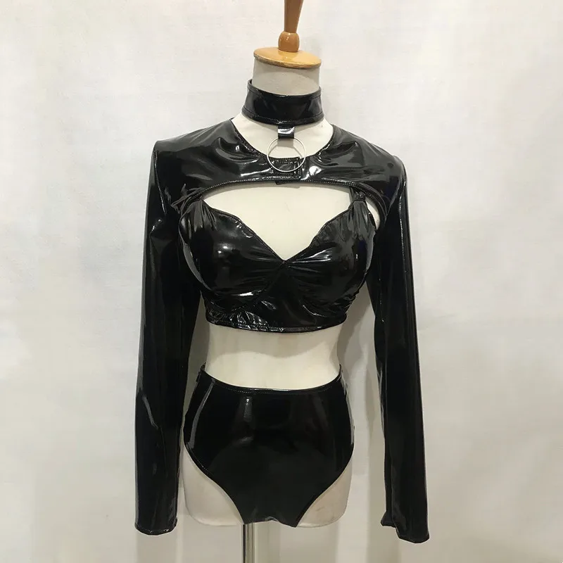 セクシーなナイトクラブバーのゴーゴーダンサーのステージ衣装、女性用黒PUレザービキニダンス衣装、レッドレーザージャズチームパーティーパフォーマンスコスチューム