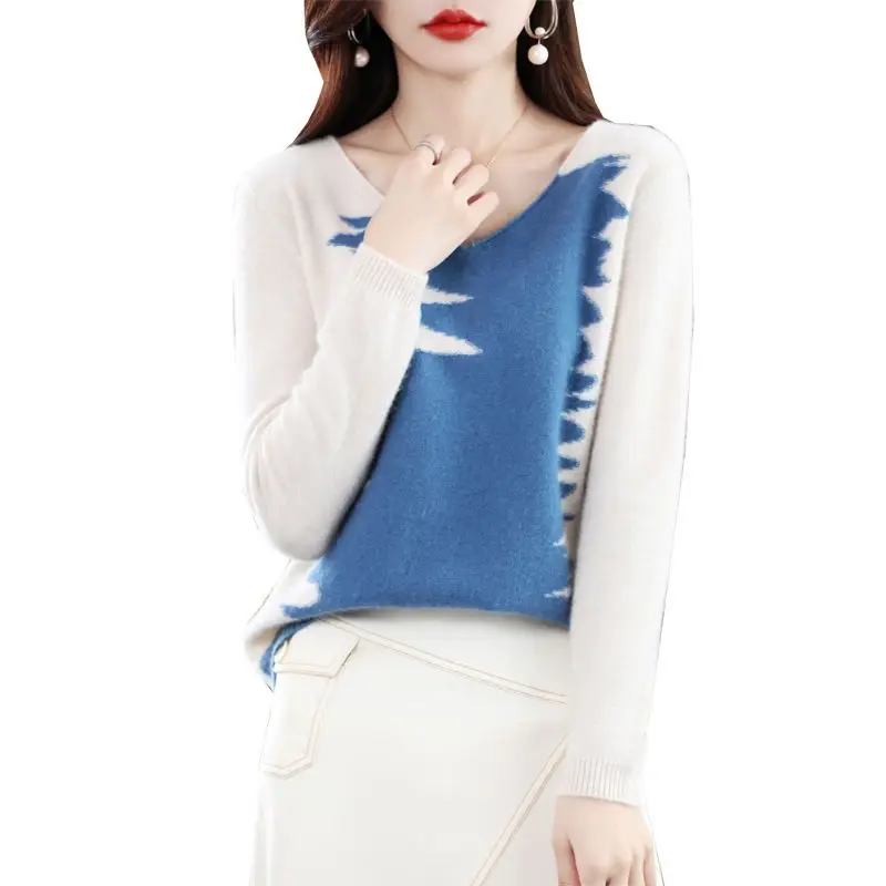 Fashion V-Neck Spliced Loose Knitted Sweaters Women's Clothing 2022 Autumn New Loose Casual Pullover Tops Office Lady Sweater image 6