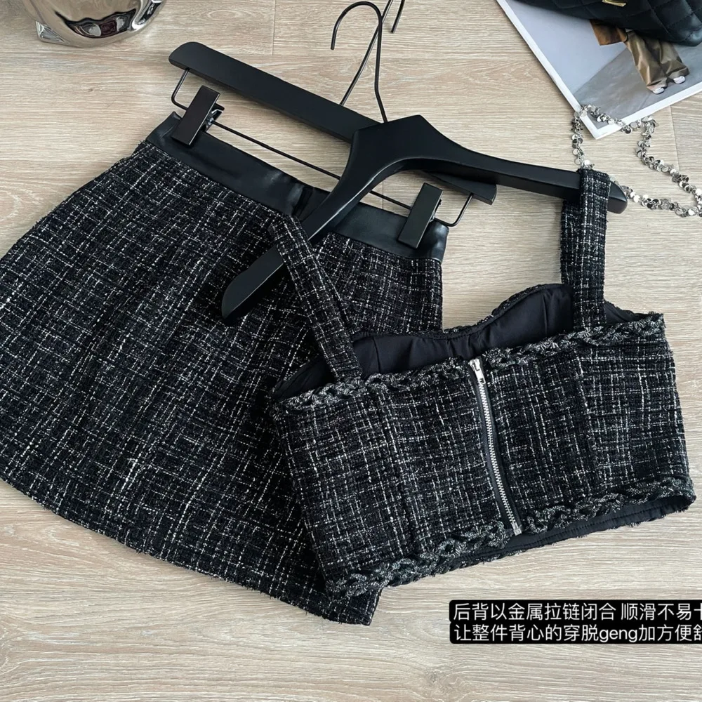 2023 Summer Elegant Sexy Tweed 2 Pcs Women Short Tank Crop Top + A-line Skirt Vintage Two Piece Skirt Suits Outfits Streetwear