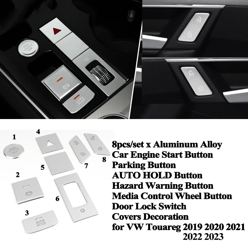 8pcs/set Car Console Engine Start Parking Media Button Cover Decoration Accessories for VW Touareg 2019 2020 2021 2022 2023