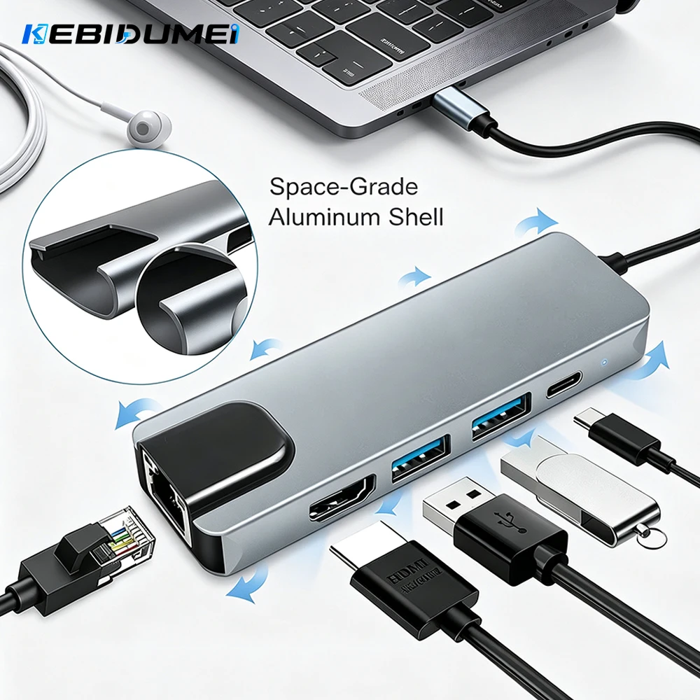 KEBIDUMEI 5-in-1 Multiport USB C Hub 4K HDMI Output RJ45 Gigabit Ethernet USB3.0 PD 100W Fast Charging Type C Docking Station