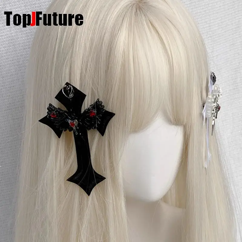 Gothic Harajuku Y2K girl Dark gothic punk subculture large cross bow black white Lolita edge clip headband hairgrips Hair clip