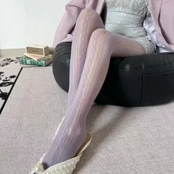 Spring Fashion Vertical Striped Women's Pantyhose Purple Thin Show Slim All-Match Hollowed Out Lace Lolita Spice Sexy Tights