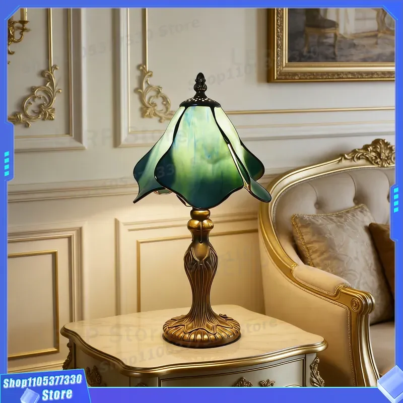 European Light Luxury Glass Table Lamp Petal Morning Glory Color Soft Eye Protection Ambient Light for Bedroom Children Room