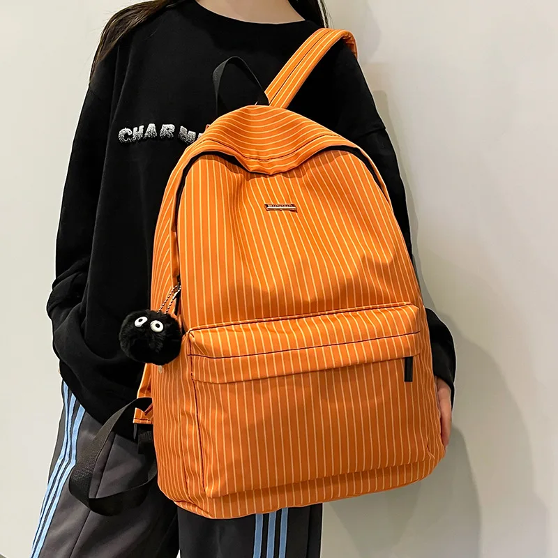 Men Women Blue White Striped Backpack Casual Lightweight School Bag With Plush Coal Ball Pendant For Students