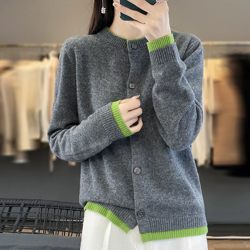 2024 autumn/winter cashmere cardigan sweater knitted cardigan long sleeved cashmere cardigan spliced sweater cardigan