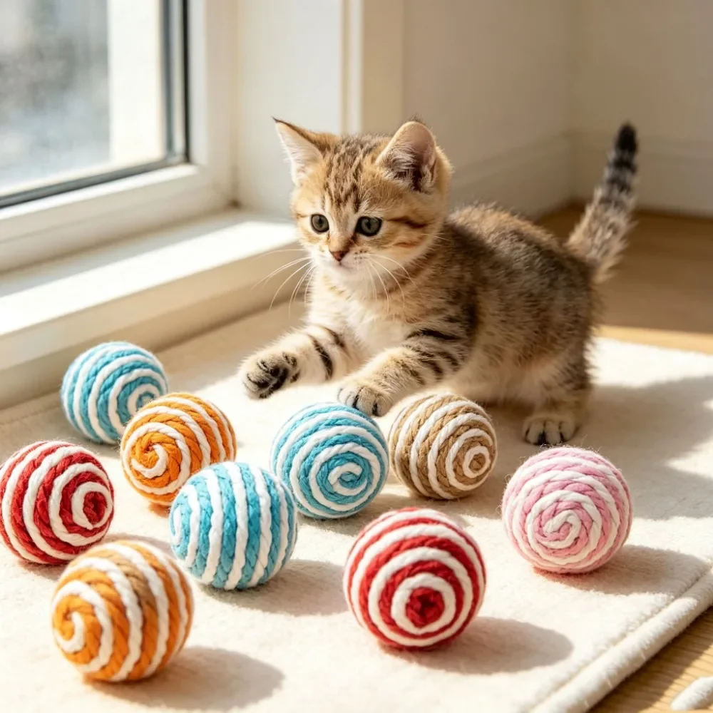 3Pcs Random Sisal Cat Balls Handmade Sounding Interactive Cat Toy Kitten Scratching Play Ball Home Pet Entertainment Toys