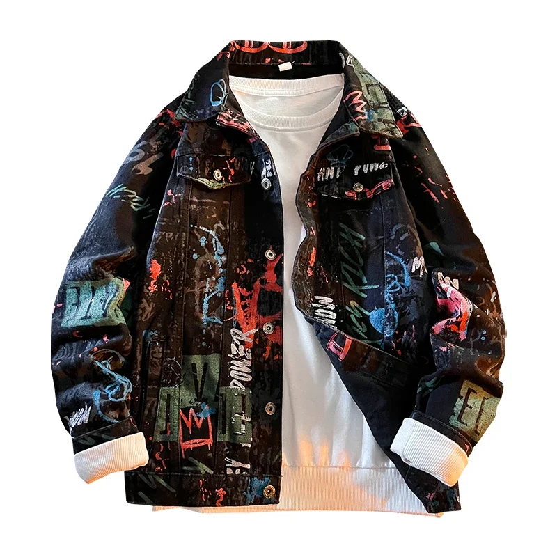 Hip Pop Leter Graffiti Denim Jacket Men\'s Fashion Spring Punk Wear Korean Kpop Trend Slim Top Unisex Handsome Casual Jeans Coat