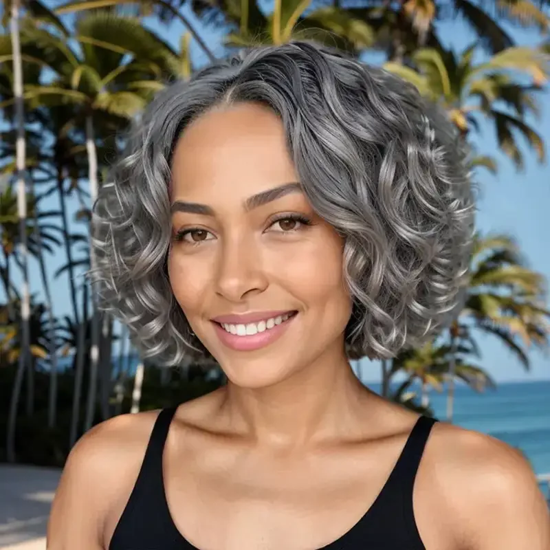 Peluca Soul Lady sal y pimienta, cabello humano ondulado con agua, pelucas Bob con cierre frontal de encaje HD para mujeres maduras