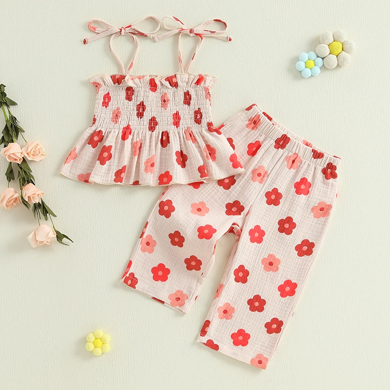 Girls Floral Print Sleeveless Top and Pants Set Tie-up Pleated Camisole with Trousers Summer Outfit for Kids