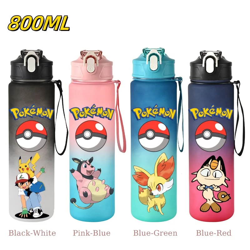 

800ML Pokemon Large Capacity Sports Water Bottle Leak Proof with Straw Cup Outdoor Sports Travel Portable Gym Fitness Jugs