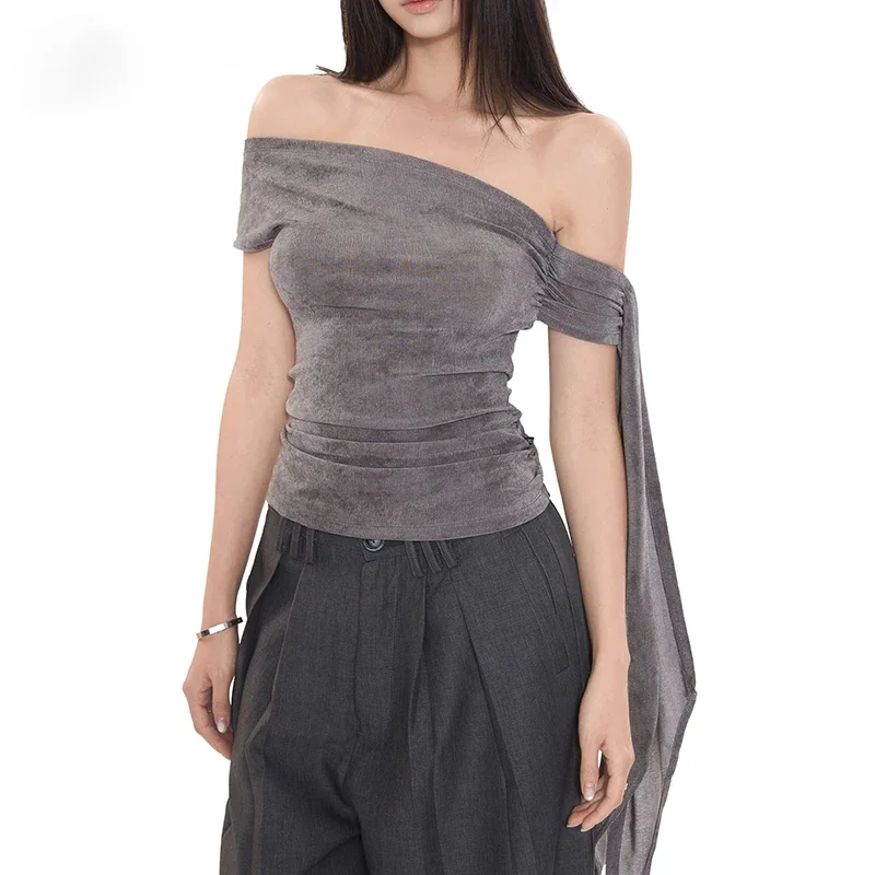 

Сексуальные футболки для женщин с разрезом на шее и открытыми плечами, шикарные повседневные топы, весна-лето 2024, новые модные женские однотонные футболки