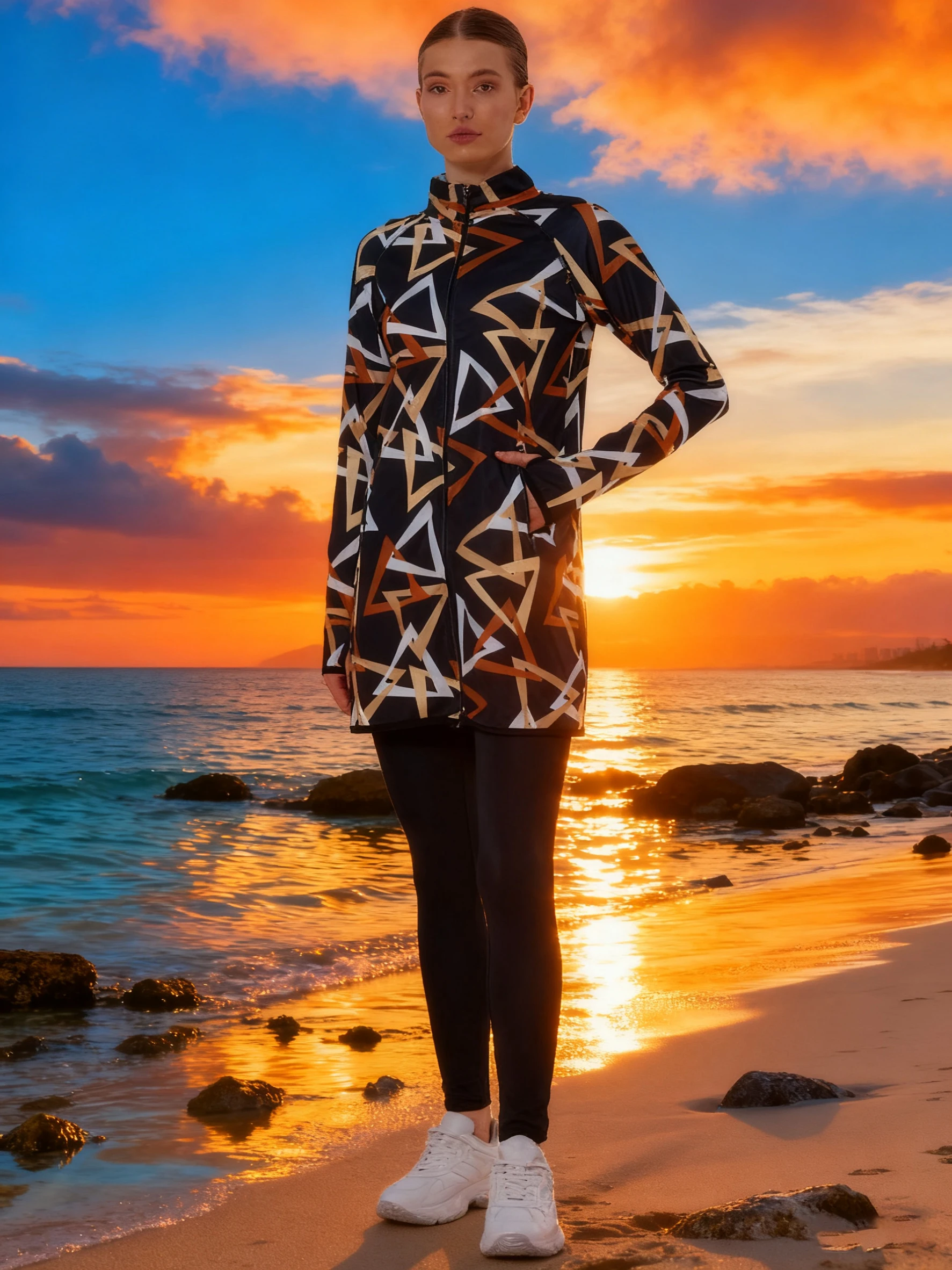 2 pièces/ensemble Burkini Femme Musulmane coupe ajustée impression vêtements de sport Protection UPF50-UV (haut + pantalon)