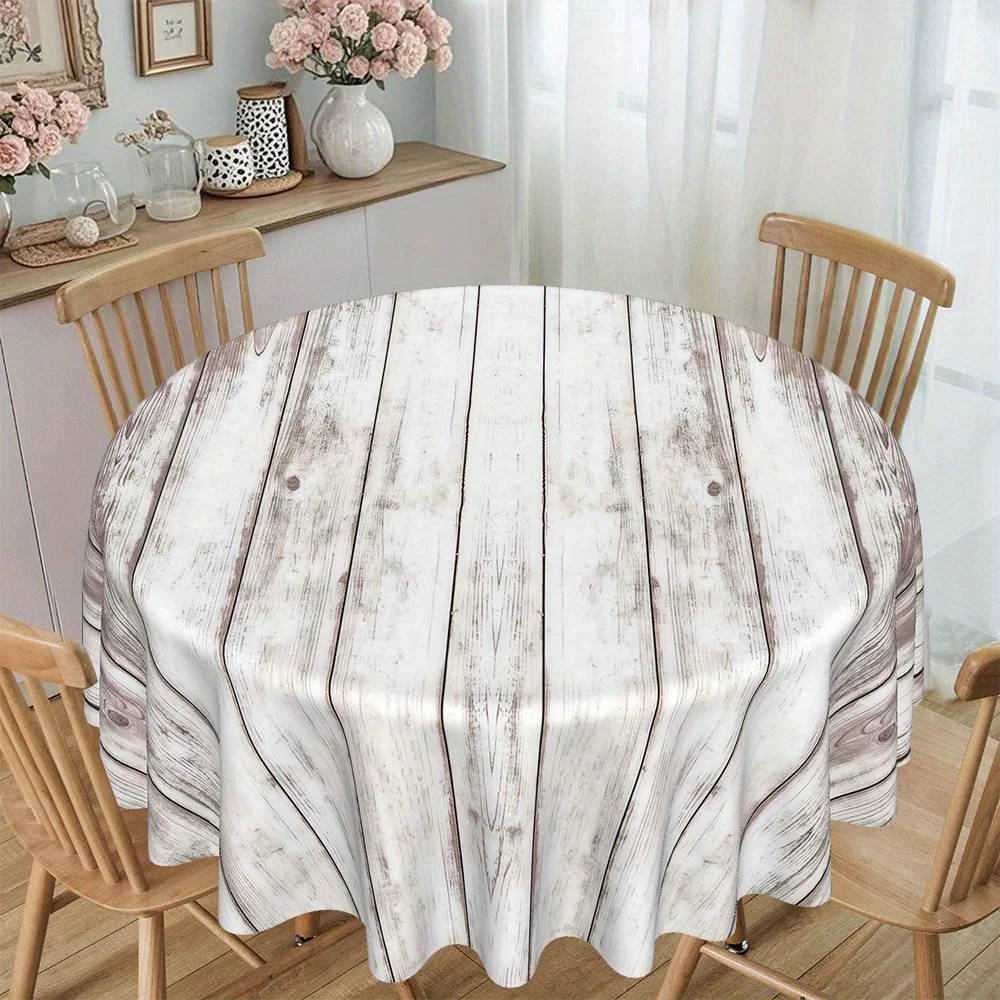 Rustic vintage white wooden board printed round tablecloth, with diagonal textured polyester material.