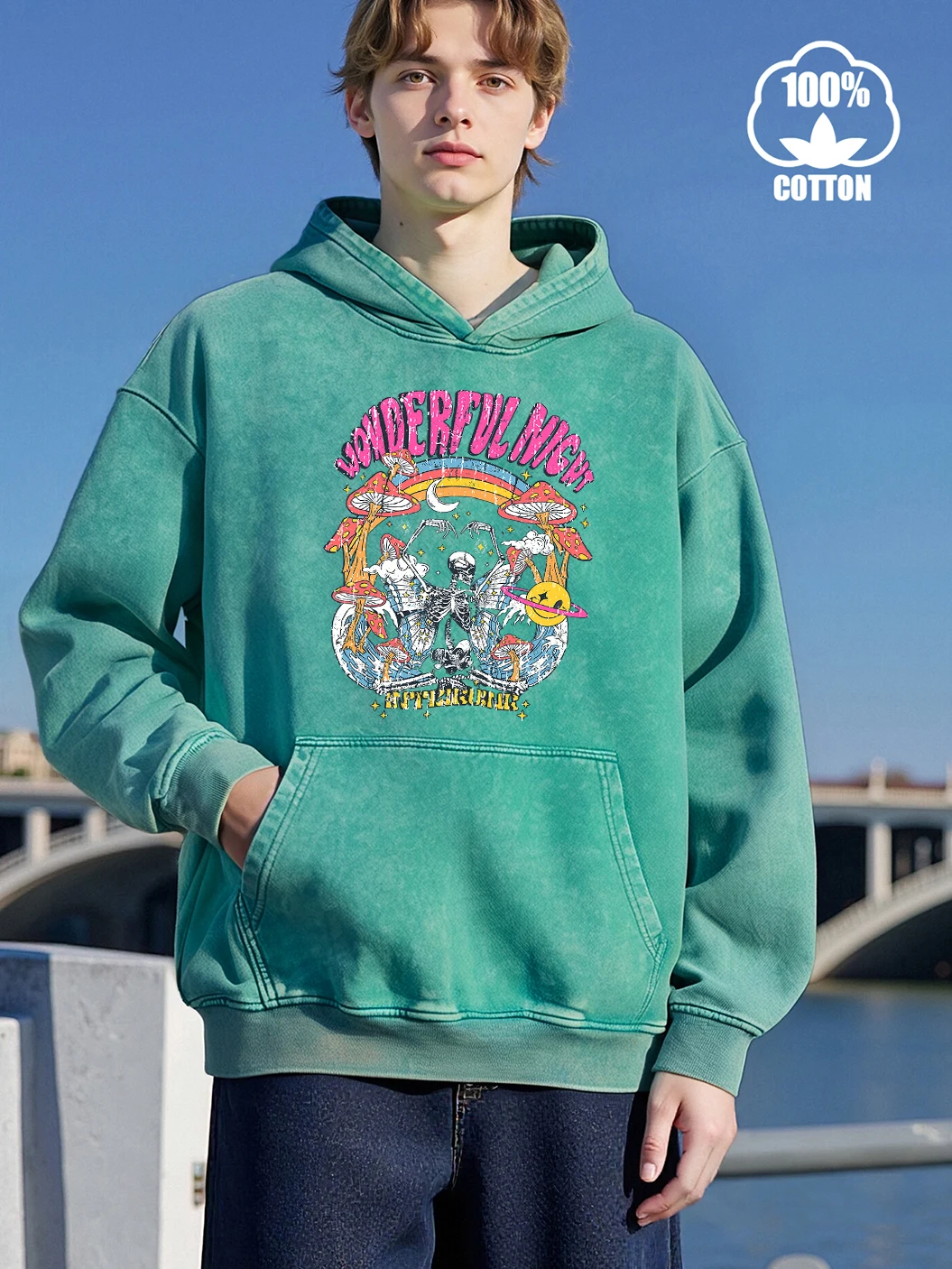 Wonderful Night Happy Skeleton Print Men Autumn Sweatshirt Warm Cotton Hoodie Fashion Loose Streetwear Hip Hop Soft Clothes