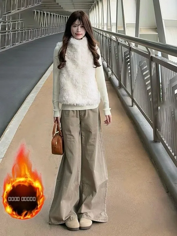 

Женские джинсы с высокой талией, свободного кроя, цвета хаки, осенне-зимние, новые, винтажные, в американском ретро-стиле, широкие брюки-кюлоты.