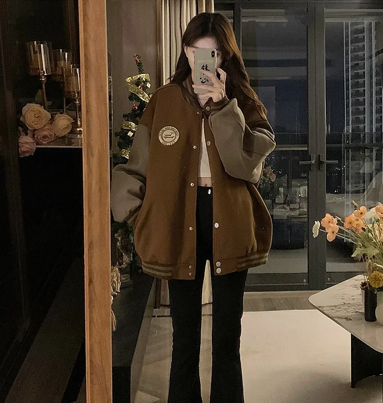 

Baseball Jackets Unisex Womens Spring Harajuku French Style Stretchy Mesh Top Decorated Waterproof Slimming Sherpa Elastic Retro