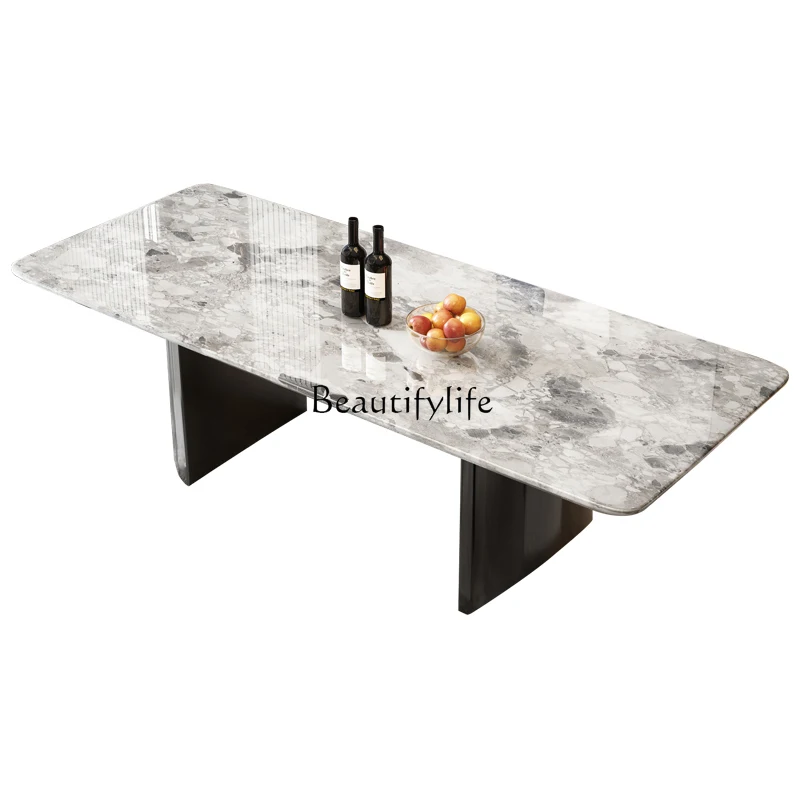 

Imported natural luxury stone Oreo gray dining table rectangular household minimalist villa marble dining table