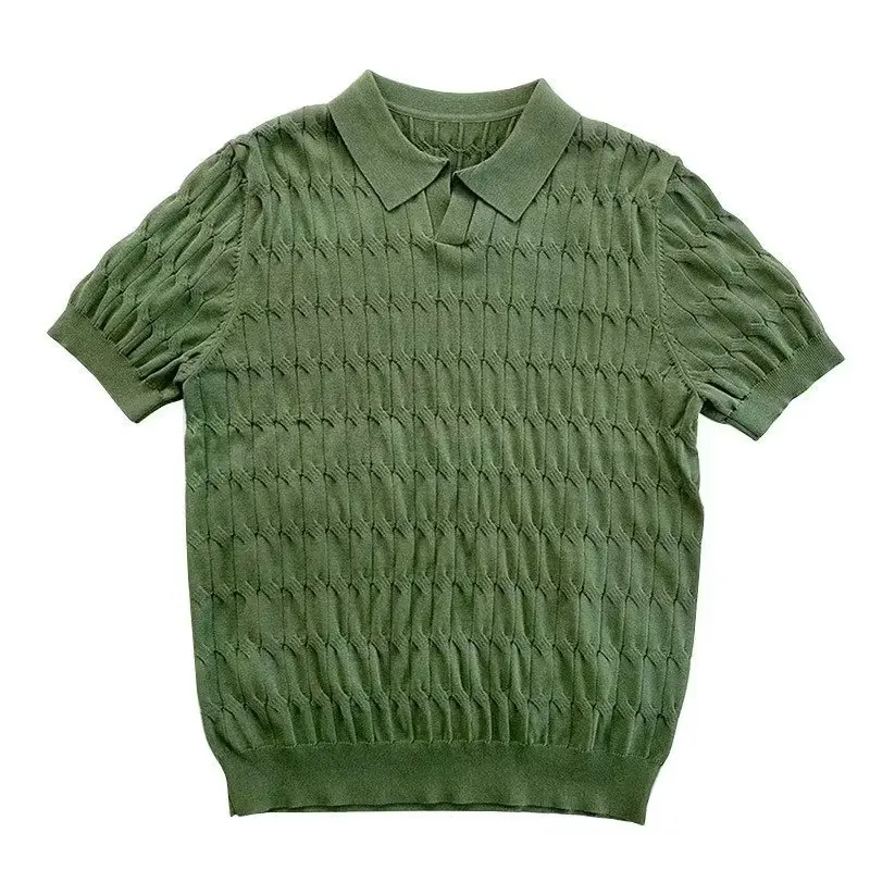 Summer Short Sleeve T-Shirt Sexy V-Neck Knitted Men's Polo Shirt Slim Fit Lapel Knitted Short