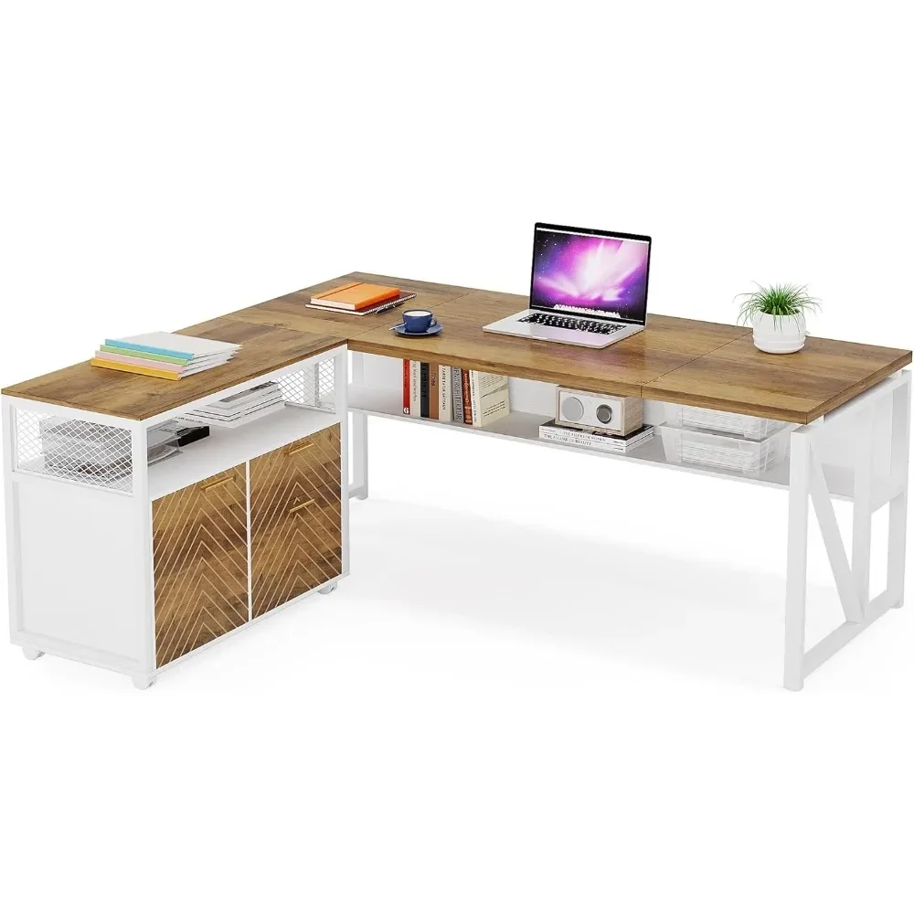 

Office Desk with Drawers,63 inches L Shaped Computer Desk with Storage Shelves and Mobile File Cabinet, Executive Desk for Home