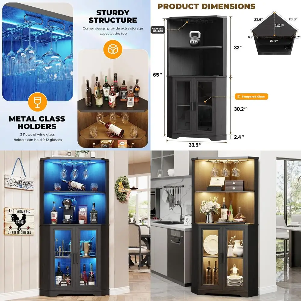 

Винный шкаф высотой 65 дюймов с LED-подсветкой, закаленным стеклом, держателями для бокалов и датчиком движения, для бара или столовой, черный