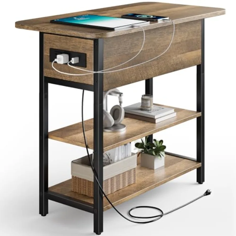 

End Table with Charging Station for Living Room Bedroom, Wood Finish, Black, Flip Top Design with 2 USB Ports and 1 AC Outlet,