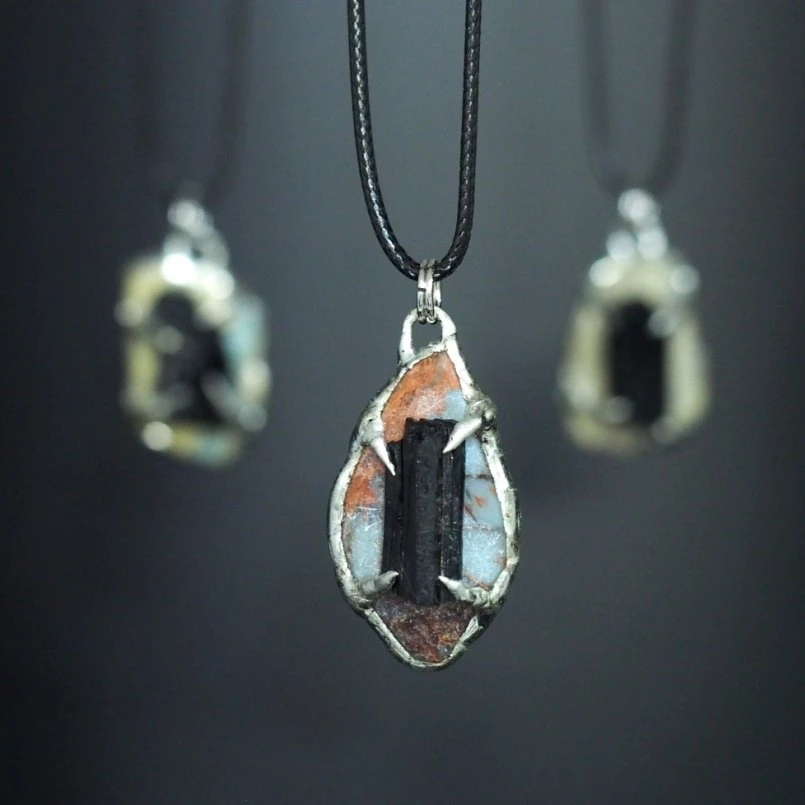 1Pcs Soldered Black Tourmaline Semi-precious Stone Leather Rope Necklace Claw Slice Free Form Handmade 20inch Jewelry