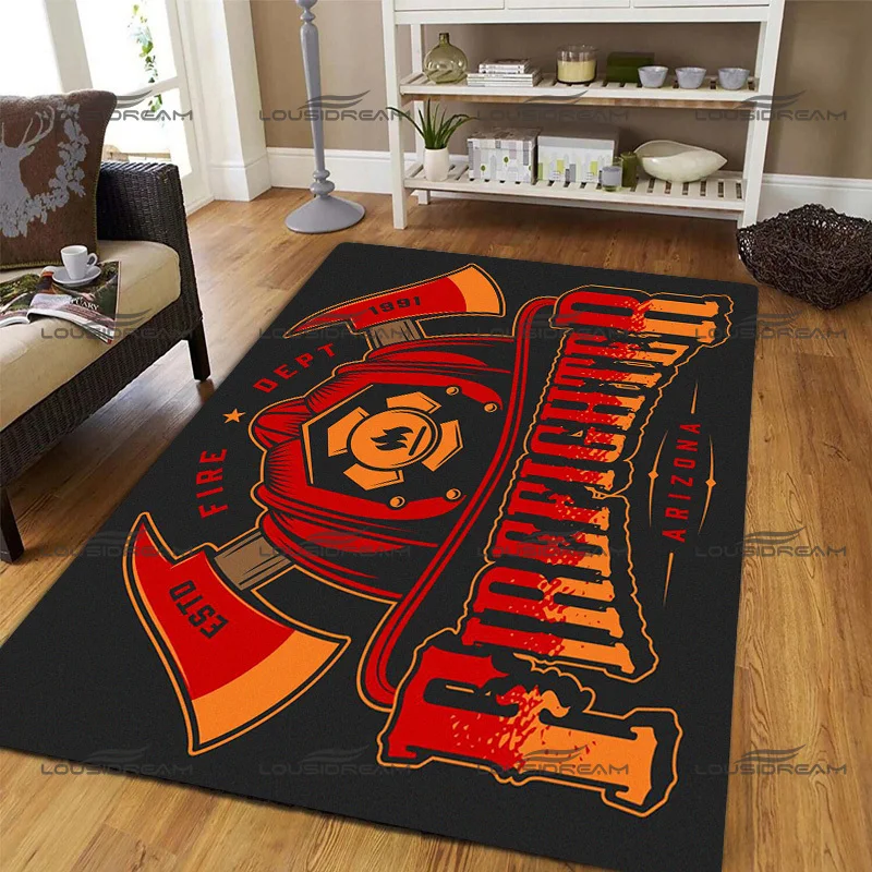 Skull and Fire Logo Decorative Carpet Square Firefighter Tools Flannel Rugs Modern Home Living Room Floor Mats Bedroom Carpet