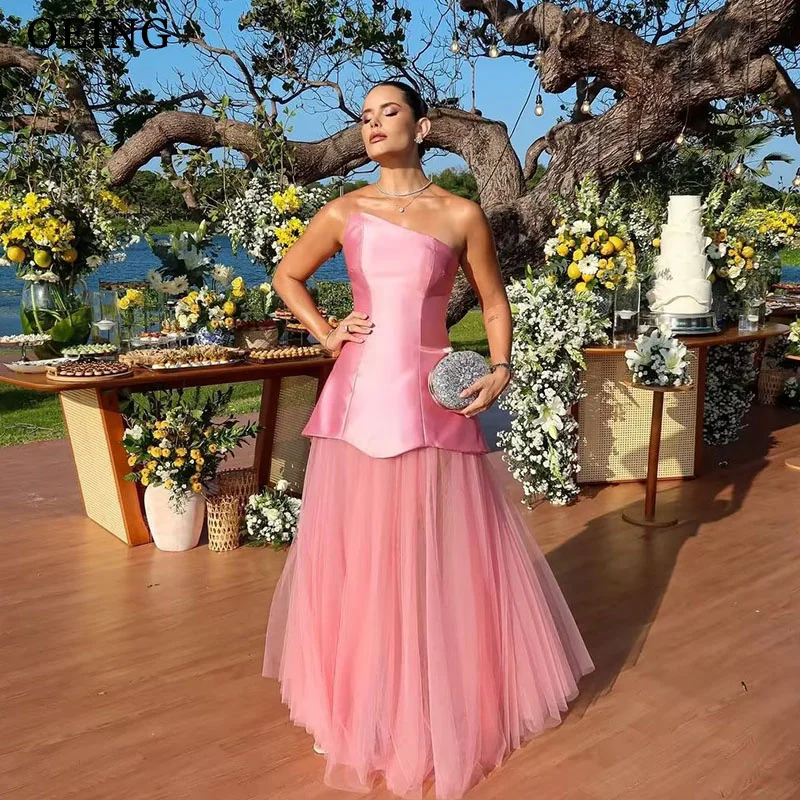 

OEING Pink A-Line Princess Prom Dresses Strapless Simple Party Gowns Floor-Length Soft Tulle Mix Colors Dress Customized