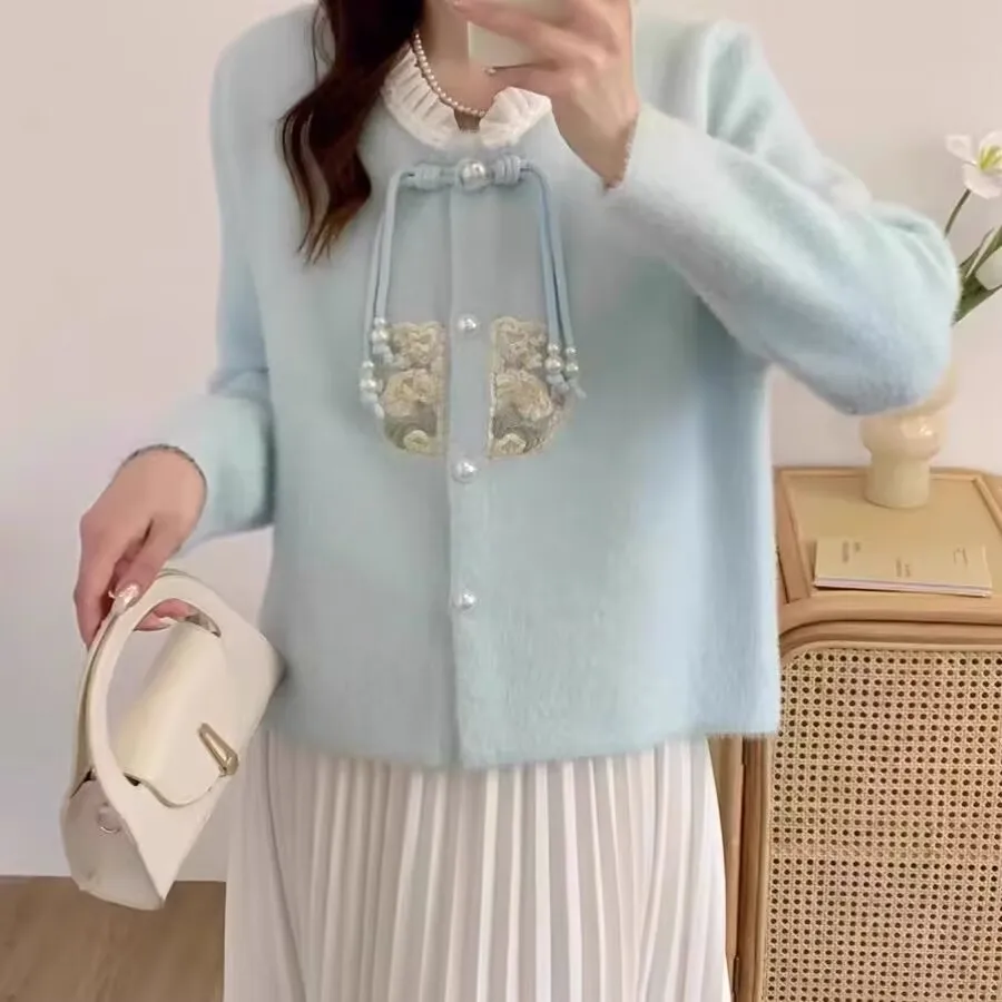 

Кардиган с вышивкой в китайском стиле, 2025 г., женская норковая кашемировая куртка, осень-зима, женское элегантное трикотажное пальто с кружевным воротником