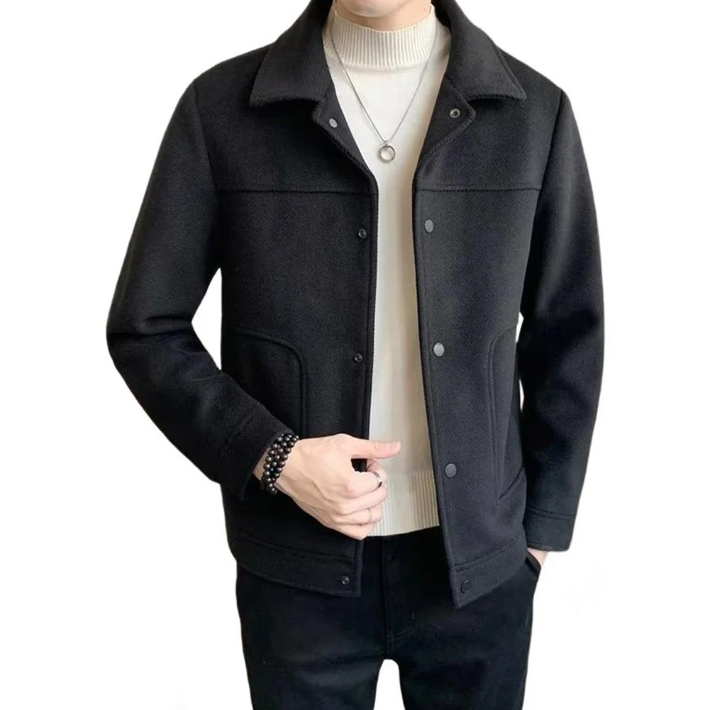 Men\'s Warm Woolen Coat Slim Fit with Turn Down Collar Single Breasted Long Sleeve Outerwear for Casual and Business Use