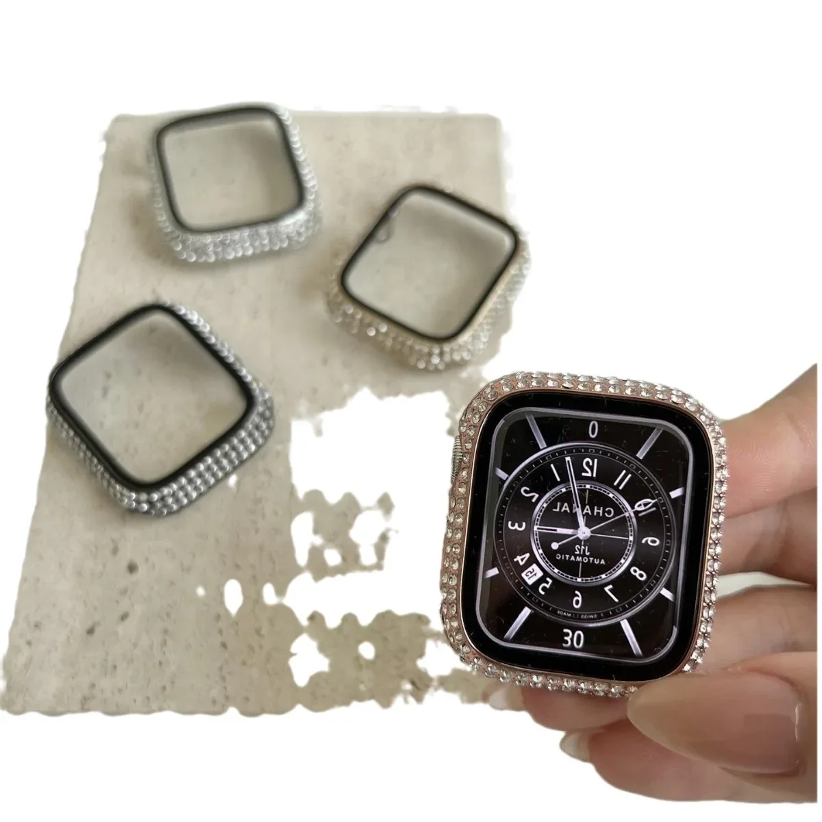 حجر الراين ديكور الزجاج المقسى حامي الشاشة حافظة ساعة لساعة أبل 38/40/41/42/44/45/46 مللي متر ، سلسلة SE/10/9/8/7/6/5/4/3/2