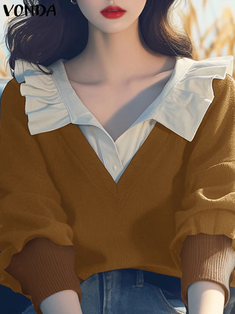 Moda blusa outono retalhos pulôver feminino casual solto manga longa blusas moda botão lapela gola topos 2025 vonda