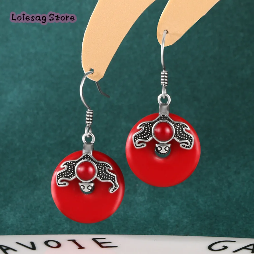 925 Silver-red Agate Safe Buckle Earrings for Women Retro Court Style Fashion Earrings