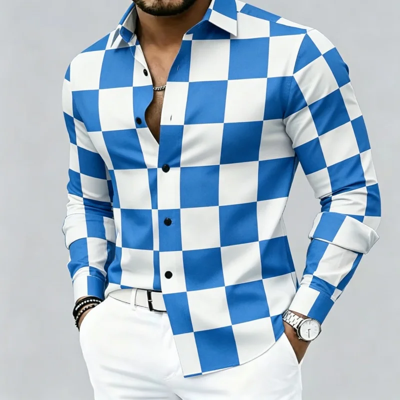 European American Trendy Mens Classic Checkerboard Grid Printed Long Sleeve Shirts Spring Autumn Silky Stretch Fabric Lapel Butt