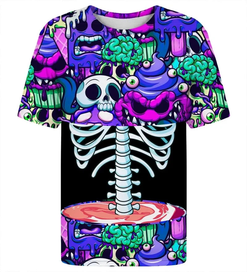 Camiseta de cuello redondo con estampado de calaveras y grafitis de zombis, estilo de arte de dibujos animados de terror, con un diseño de monstruo que gotea baba de color púrpura neón.