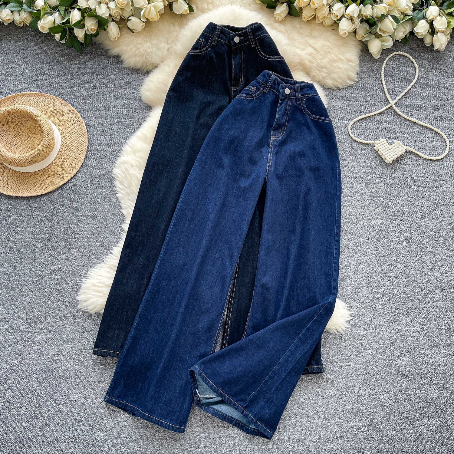 Women's Deep Blue Denim Pants High Waist Solid Wide Leg Jeans Female Spring Autumn Versatile Loose Soft Long Trousers S-2XL