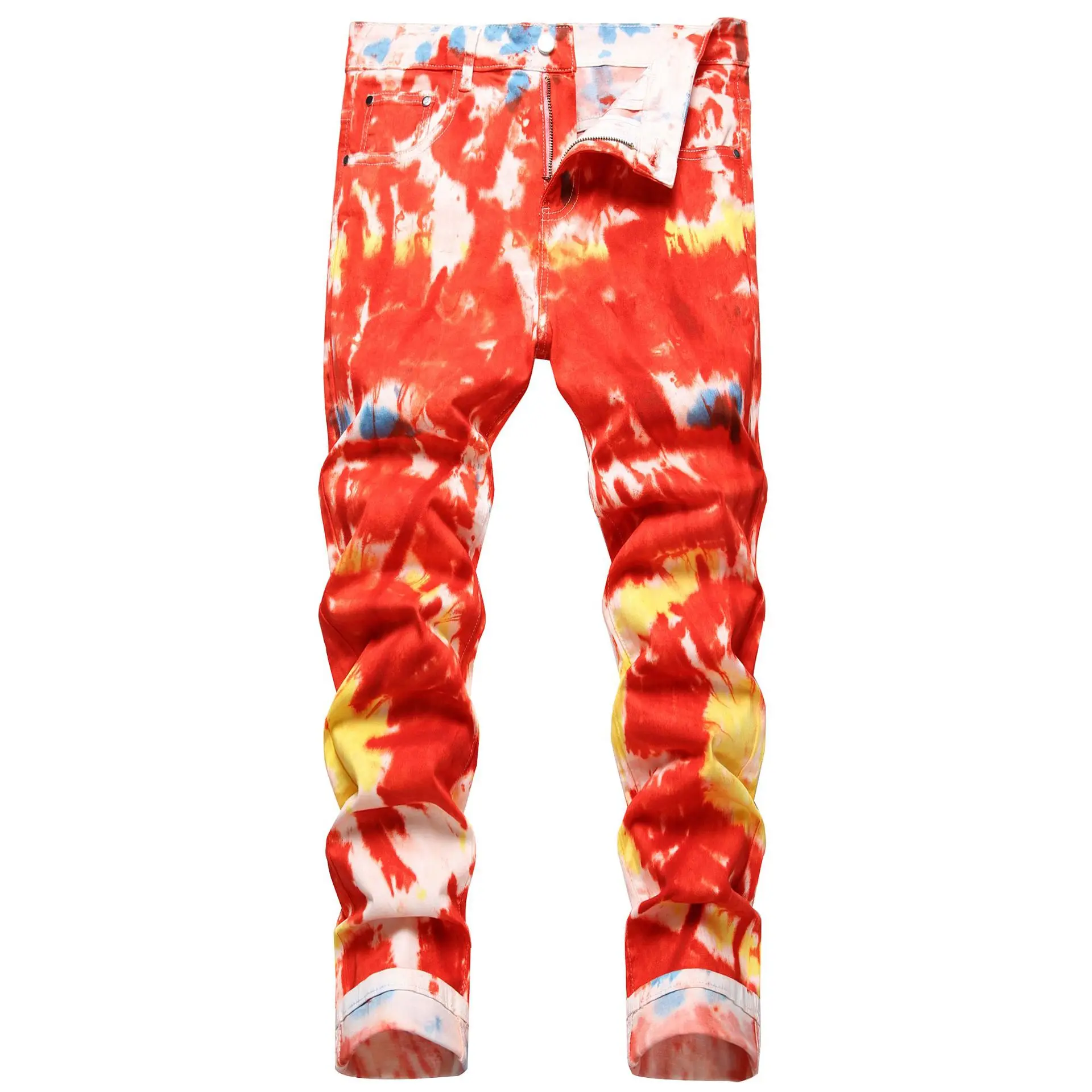 

2025 men's original personalized fashion tie-flower dyeing elastic slim-fitting small-footed denim trousers