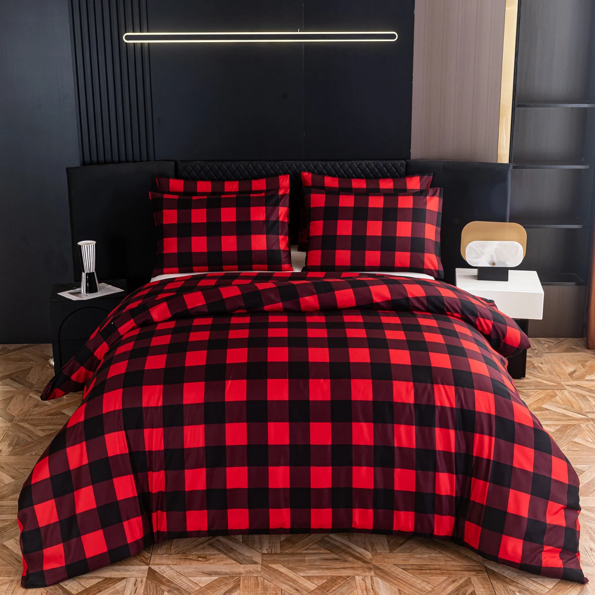 Duvet Cover, Red and Black Grid Buffalo Check Pattern Print Reversible Down Microfiber Duvet Sets Modern Bedding for Women Men